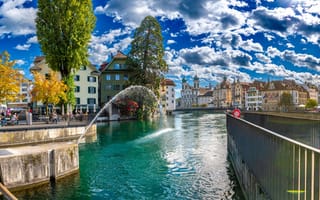 Картинка Швейцария, Фонтаны, Дома, речка, Luzern, Набережная, облако, Города, город, набережной, Облака, облачно, Реки, река, Здания