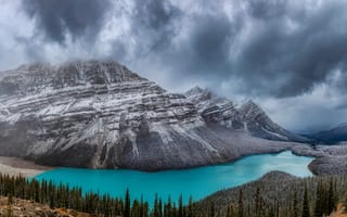 Картинка Банф, Канада, Озеро, Peyto, Lake, облачно, город, Горы, Панорама, Облака, панорамная, Парки, гора, облако, Города, парк