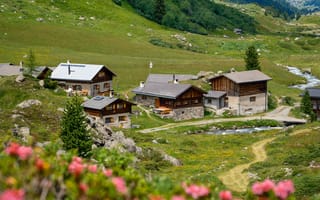 Картинка Швейцария, Dischmatal, Долина, гора, Природа, Дома, Здания, Горы