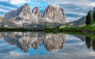 Картинка Италия, Dolomites, Скала, гора, отражается, Отражение, Озеро, Природа, скалы, Горы, отражении, скале, Утес