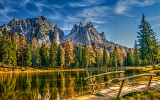 Картинка Италия, Dolomites, Горы, Озеро, Природа, гора, мост, Мосты, осенние, HDR, Пейзаж, Осень, HDRI