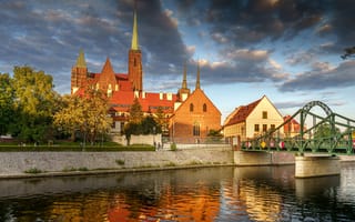 Картинка Польша, Wroclaw, Реки, речка, Мосты, Города, Дома, мост, река, Здания, город