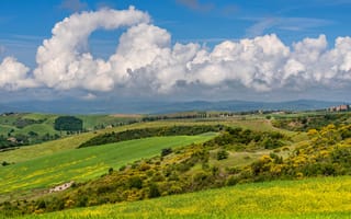Картинка Тоскана, Италия, Пейзаж, облачно, облако, Холмы, Облака, холм, Природа, холмов