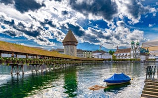 Картинка Швейцария, Башня, Лодки, город, Дома, Водный, канал, Облака, облачно, башни, облако, Города, Luzern, Здания