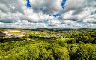 Картинка Великобритания, Peak, Природа, Пейзаж, облачно, District, Холмы, Здания, Облака, Дома, холм, холмов, облако