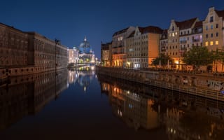 Картинка Берлин, Собор, Ночь, Германия, Города, Дома, речка, ночи, Здания, ночью, Ночные, город, Реки, река