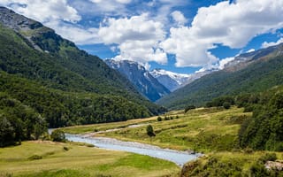 Картинка Новая, Зеландия, облако, река, гора, Долина, речка, Горы, Природа, Облака, Реки, облачно