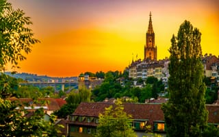 Картинка Берн, Швейцария, Рассветы, Города, закат, башни, Здания, закаты, Дома, Башня, рассвет, город