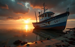 Картинка Ai, Море, Лодки, Побережье, закаты, рассвет, берег, закат, Рассветы, Природа