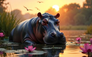 Картинка Бегемоты, Ai, Животные, Гиппопотамы, Кувшинки, Водяные, лилии, животное, Вода, воде