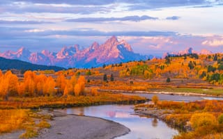 Картинка америка, Grand, штаты, осенние, река, Teton, Горы, речка, Пейзаж, гора, Park, Осень, Природа, Реки, National, США, парк, Парки