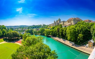 Картинка Берн, Швейцария, Реки, Небо, город, речка, Дома, Здания, река, Города