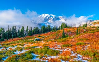 Картинка США, Mount, Горы, парк, америка, Park, штаты, облачно, National, гора, Облака, Rainier, осенние, облако, Природа, Пейзаж, Парки, Осень