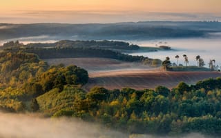 Картинка Германия, Eifel, тумане, Холмы, тумана, холм, Поля, Туман, Пейзаж, холмов, Природа