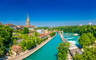 Картинка Берн, Швейцария, Реки, река, Города, Здания, Панорама, речка, Дома, город, панорамная