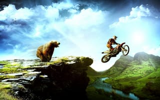 Картинка пейзаш, медведь, мотоциклист, птицы, горы