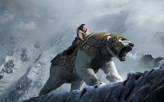 Картинка горы, снег, девочка, золотой компас, медведь