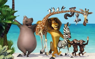 Картинка новый, мультфильм, жираф, бегемот, обезьяны, три, пальмы, пингвины, мадагаскар, море, лев, зебра