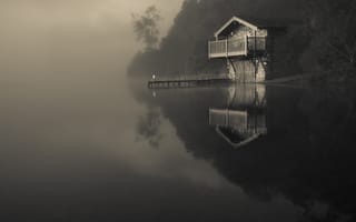Картинка мрак, лодочная, туман, природа, отражение, река