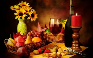 Картинка корзина, красное, бутылка, фрукты, груши, свеча, штопор, яблоки, орехи, натюрморт, бокал, вино, виноград, клубника