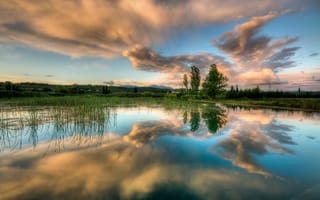 Картинка небо, весна, деревья, облака, вода, озеро, отражения