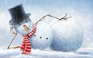 Картинка снеговик, зима, снежинки, Новый год, шляпа, снег, шарф