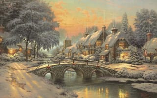 Картинка городок, Томас Кинкейд, коттеджи, ёлочка, Новый год, живопись, Рождество
