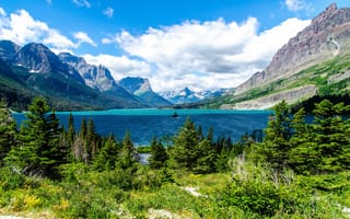 Картинка ели, озеро, saint mary lake, горы, glacier national park