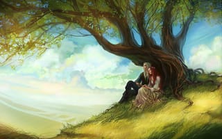 Картинка девушка, парень, облака, небо, рыжие волосы, длинные волосы, листья, арт, дерево, влюбленная пара