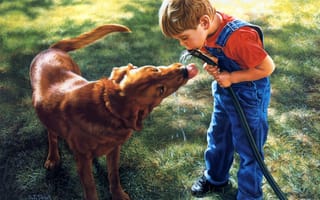 Картинка s thomas sierak, мальчик, собака, арт, шланг