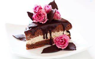 Картинка шоколад, выпечка, пирожное, тортик, сладкое, глазурь, торт, крем, десерт, кусочек, розы, сахар