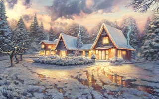 Картинка тучи, ёлки, фильм, томас кинкейд, рождественский домик, зима, живопись, картина, новая, дым, одноименный, лёд, снег, домики, свет