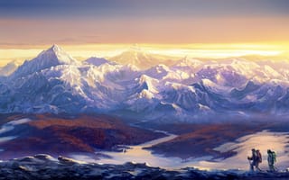 Картинка лыжи, рюкзаки, горы, небо, снег, скалы, туристы