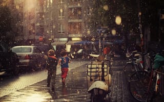 Картинка асфальт, настроение, лето, дети, ливень, дождь, капли, дороги, улица, тротуары