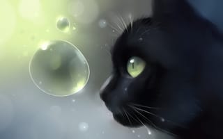 Картинка кошка, черный, голова, кот, арт, профиль, пузырьки