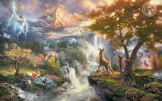 Картинка живопись, река, животные, красивая, горы, водопад, мультфильм, птицы, классический, Томас Кинкейд, Бэмби, оленёнок, природа, Уолт Дисней