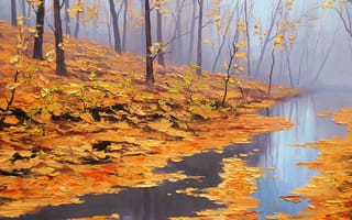Картинка река, листья, деревья, природа, осень, арт