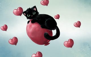 Картинка шарики, черный, сердечки, воздушные, котенок