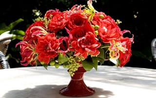 Картинка георгины, глориоза, Цветы, розы, букет, красный, ваза
