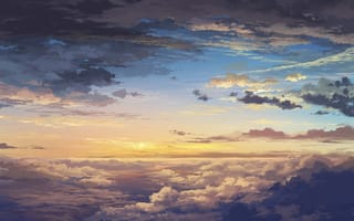 Картинка juuyonkou, тучи, Арт, закат, небо, пейзаж, облака, высота