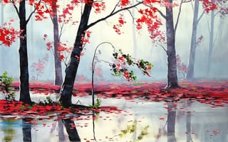 Картинка река, деревья, красный, осень