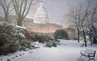 Картинка США, фонари, скамья, живопись, снег, парк, холм, ёлка, Вашингтон, Капитолий, свет, освещение, зима