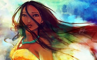 Картинка Покахонтас, взгляд, девушка, пряди, ветер, гордость, медальон