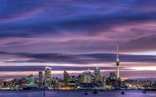 Картинка Новая Зеландия, огни, гавань, центр города, город, оклендская башня, небоскребы, сумерки, Окленд, небо