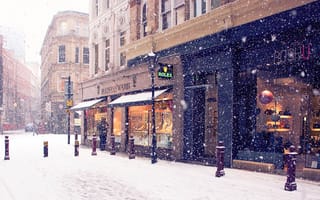 Картинка зима, магазины, улица, снег, город, европа