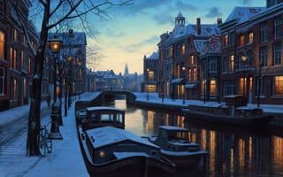 Картинка Голландия, мост, река, Лушпин, сумерки, Евгений Лушпин, велосипед, лодки, снег, зима, Нидерланды, живопись, фонари, огни, дома, Амстердам