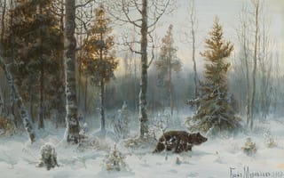 Картинка природа, зима, снег, картина, мишка, лес