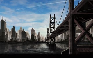 Картинка фантастика, мост, арт, вода, город, небо, будущие, река