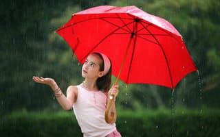 Картинка красный, зонт, девочка, дождь