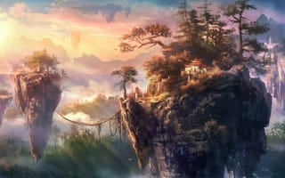 Картинка азия, деревья, канаты, острова, здания, арт, летающие, скалы